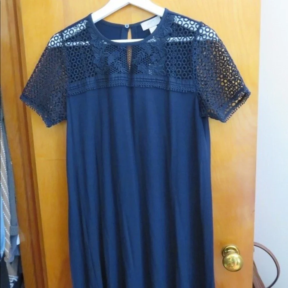 Loft Navy Blue Dress Short Sleeve Crochet Swing Petite Small Preppy Mini NWT